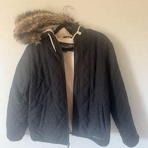 Eddie Bauer Black Quilted Puffer Jacket with Faux Fur Hood